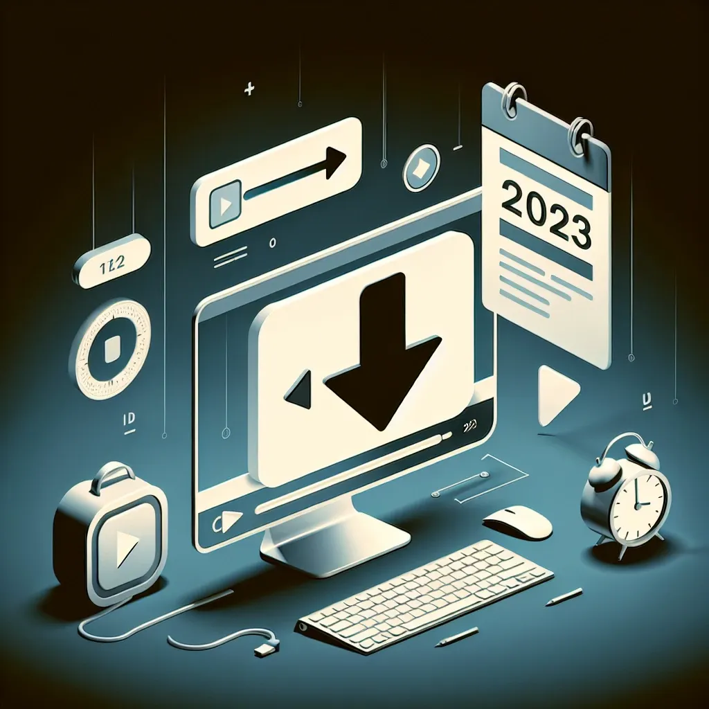Alt text: "Passo a passo para baixar vídeos do Facebook em 2023, mostrando um computador com a interface do Facebook e opções de download."