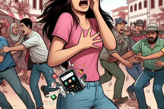 "Imagem de celular danificado após explosão, mostrado em reportagem sobre incidente que feriu mulher em Goiás; vídeo mostra detalhes do ocorrido."