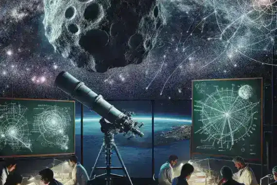 "Imagem de um asteroide no espaço, ilustrando o asteroide 2024 YR4 e sua trajetória potencial em direção à Terra em 2032, destacando as probabilidades de impacto."